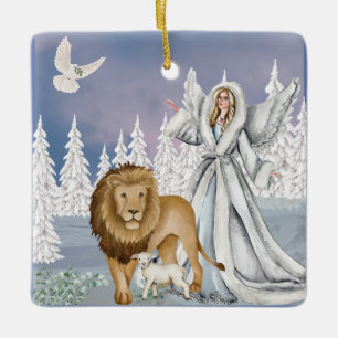 Ornement En Céramique Lion et agneau avec ange
