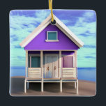 Ornement En Céramique Little Beach Shack sur le sable<br><div class="desc">Ornement dans une mignonne petite cabane de plage / maison de vacances sur pilotis,  peint blanc et violet,  sur le sable,  avec un ciel bleu et des nuages blancs</div>