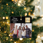 Ornement En Céramique Logo de l'entreprise photo noir Noël<br><div class="desc">Couleur arrière - plan noir classique,  texte blanc. Texte : Joyeux Noël. Personnalisez et ajoutez-vous le logo de l'entreprise,  la photo et un an.</div>