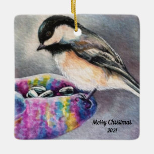 Ornement En Céramique L'Oiseau De Chickadee Mange De L'Aquarelle À Main
