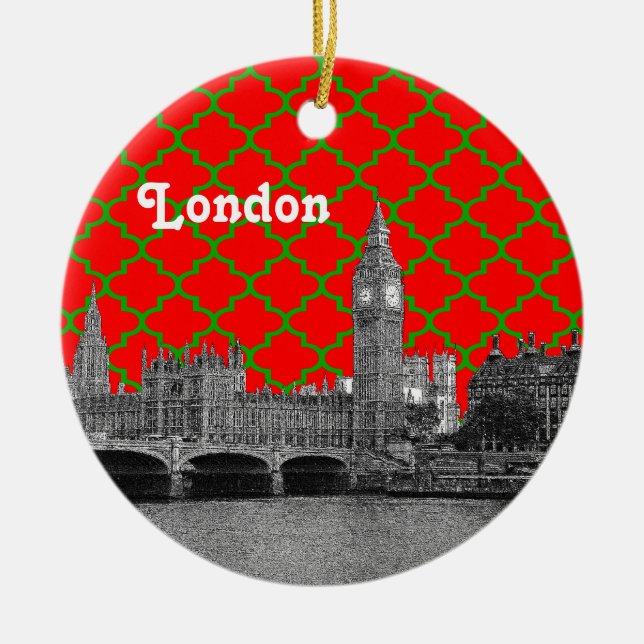 Ornement En Céramique Londres Skyline Etch Green Red Quatrefoil BG Xmas (Devant)