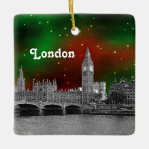 Ornement En Céramique Londres Skyline Etched, Green Red Starry Sky Xmas