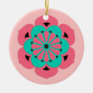 Ornement En Céramique Lotus Flower Mandala, Coral rose et Turquoise
