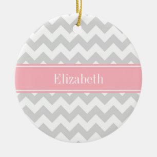 Ornement En Céramique Lt Grey White Chevron Zigzag Pink Nom Monogramme