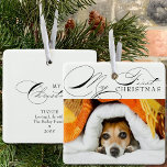 Ornement En Céramique Ma première photo de animal de compagnie de Noël É<br><div class="desc">Mon ornement photo pour animaux de compagnie de Noël que vous pouvez personnaliser avec votre photo préférée et le libellé personnalisé au dos. Elégant design typographique écrit avec My First Christmas en calligraphie tourbillonnant et imprimé classique. Tout le texte,  sauf Mon premier Noël est modifiable.</div>