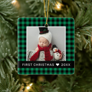 Ornement En Céramique Ma première photo de Noël bébé au plaid vert Buffa