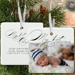 Ornement En Céramique Ma première photo de Noël Elegant Calligraphie Cer<br><div class="desc">Mon 1er ornement photo de Noël que vous pouvez personnaliser avec votre photo préférée et le libellé personnalisé au dos. Elégant design typographique écrit avec My 1st Christmas dans la calligraphie tourbillonnant et l'impression classique. Facile à customiser pour de nombreuses occasions comme Mon 1er Noël avec des statistiques de naissance...</div>