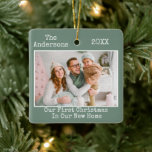 Ornement En Céramique Machine à écrire Texte Sage Green First Christmas<br><div class="desc">Typewriter moderne tendance Texte Simple Minimaliste,  Notre premier Noël dans notre nouvel ornement photo - Sage Green Arrière - plan</div>