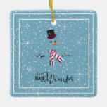 Ornement En Céramique Magic and Wonder Christmas Snowman Blue ID440<br><div class="desc">Belle décoration minimaliste en céramique de Noël avec un bonhomme de neige stylisé encadré en blanc sur un arrière - plan bleu cadet parsemé de flocons de neige et d'étoiles. La typographie branchée de 'Magic and Wonder' complète le design. Ajoutez votre nom pour personnaliser si vous le souhaitez. Recherchez ID440...</div>