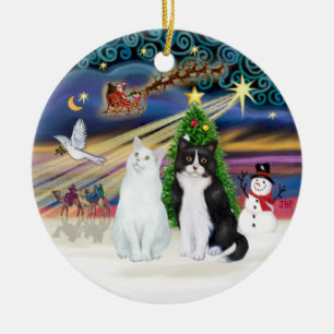 Ornement En Céramique Magie de Noël - Deux Chats - Blanc + Noir et Blanc
