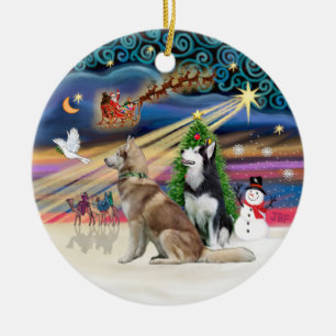 Ornement En Céramique Magie de Noël - Huskys sibériens (Rouge + BW)
