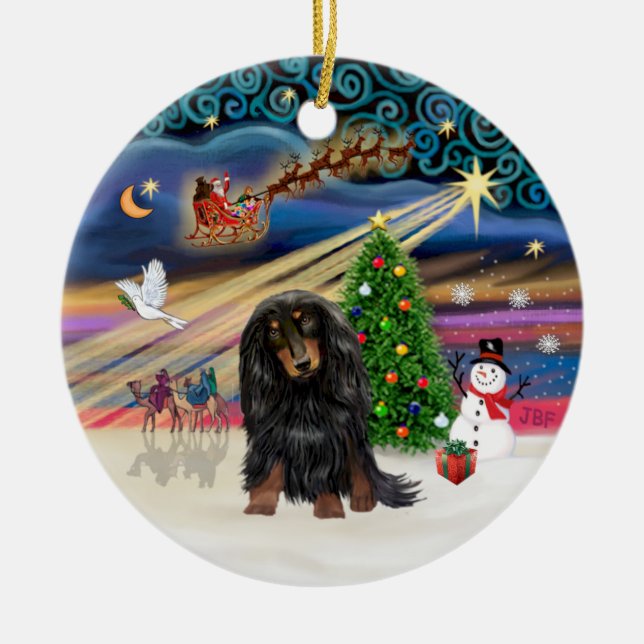 Ornement En Céramique Magie de Noël - Long Haired Dachshund (Tan-Noir) (Devant)