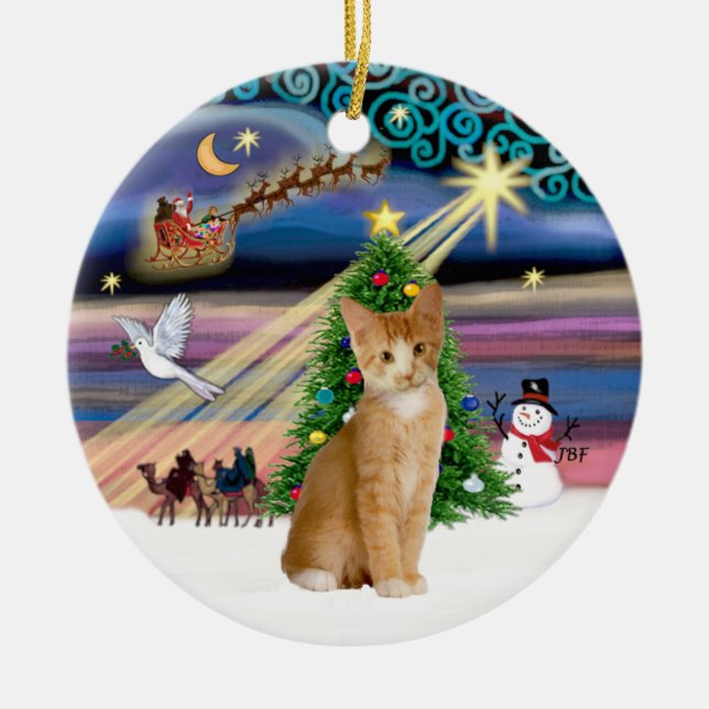 Ornement En Céramique Magie de Noël - Orange - chat tabby blanc 40 (Devant)