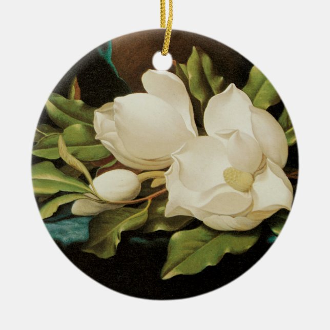 Ornement En Céramique Magnolias géant sur un tissu de velours bleu par M (Devant)