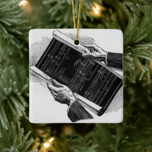 Ornement En Céramique Mains w Architectural Blueprints, Vintage Business