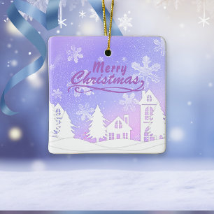 Ornement En Céramique Maison de neige violette Joyeux Noël Bonne Année