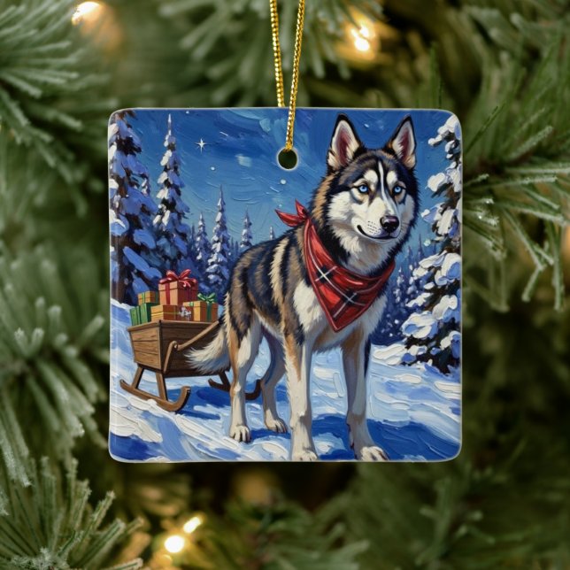 Ornement En Céramique Majestic Siberian Husky Pulling Christmas Sled (Arbre)