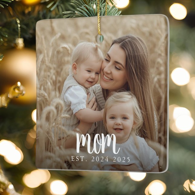 Ornement En Céramique Maman a établi la photo en blanc Script (elegant heartwarming mom established date full photo keepsake christmas ornament stocking stuffers)