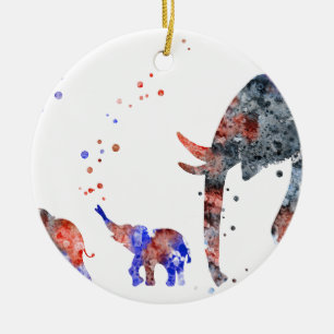 Ornement En Céramique Maman et bébés éléphant, famille d'éléphant