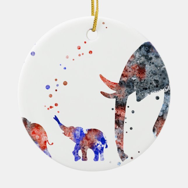 Ornement En Céramique Maman et bébés éléphant, famille d'éléphant (Devant)