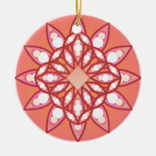 Ornement En Céramique Mandala motif en rose corail, bordeaux et blanc