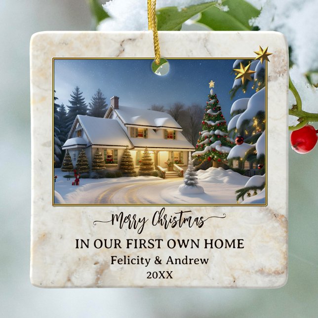 Ornement En Céramique Marble Gold First Prown Home Photo (Christmas ornament featuring your custom photos framed by a chic marble design with golden stars)