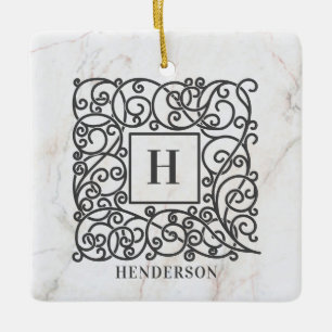 Ornement En Céramique Marbre blanc de vacances Monogramme Nom de famille