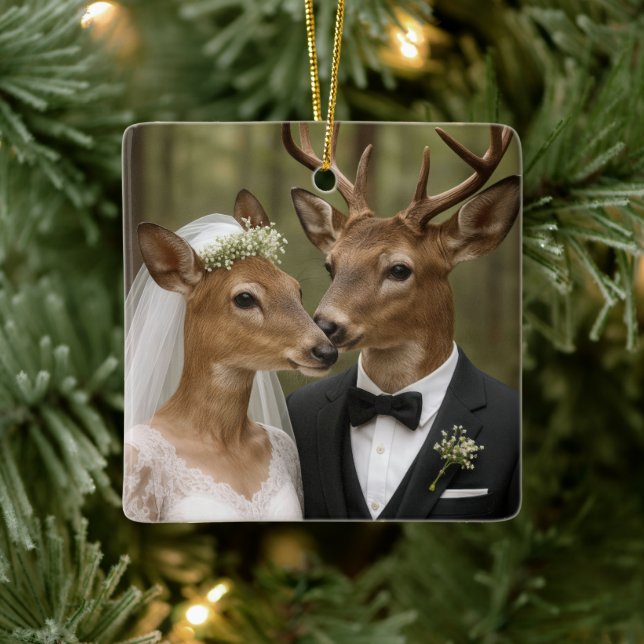 Ornement En Céramique Mariage de cerfs et biches dans la forêt (Arbre)
