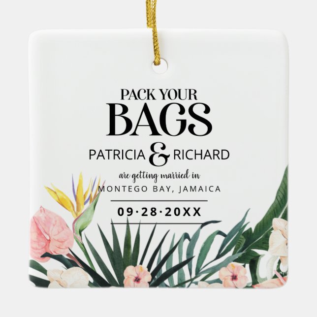 Ornement En Céramique Mariage Destination Tropicale Enregistrer La Date (Devant)