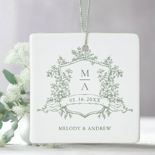 Ornement En Céramique Mariage photo de crête florale vert sauge classiqu