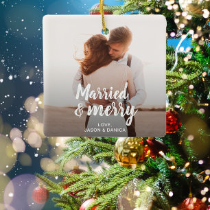 Ornement En Céramique Marié & Joyeux Mariage Merci Noël Photo