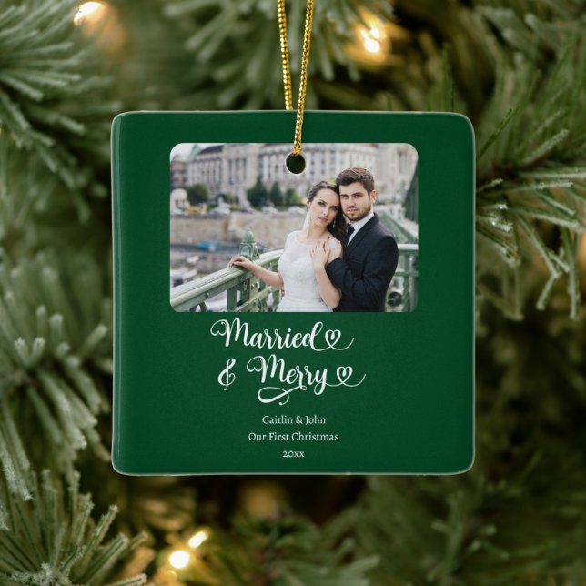 Ornement En Céramique Marié Merry Newlyweds 1er Noël Photo Green (Arbre)