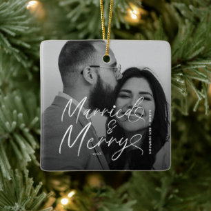Ornement En Céramique Marié moderne et Joyeux Script de Noël