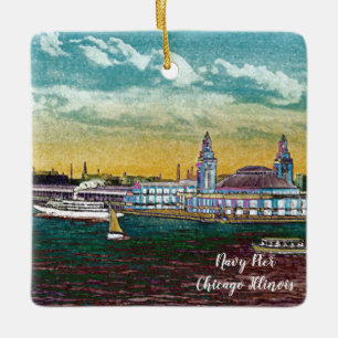 Ornement En Céramique Marine Pier du lac Chicago 1920 Watercolor Art