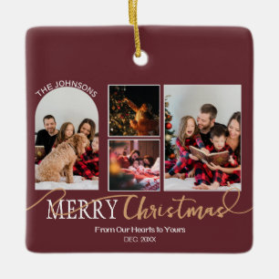 Ornement En Céramique Maroon Rouge or Script Noël Collage moderne