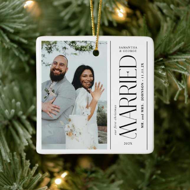Ornement En Céramique Married Wedding Photo Newlyweds Christmas (Arbre)