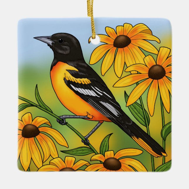 Ornement En Céramique MD State Bird Oriole & Black eyed Susan Flower (Devant)