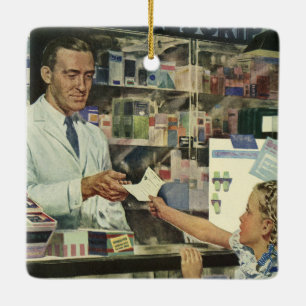 Ornement En Céramique Médecine Vintage, Pharmacien et Fille à la Pharmac