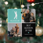 Ornement En Céramique Meilleur grand-père par Par Photo Collage Noël<br><div class="desc">Surprenez votre grand-père de golf ce Noël avec ce joli ornement photo-gardien. Le design "Best Grandpa by Par" vous permet de télécharger 2 photos personnalisées depuis votre téléphone ou ordinateur, et de personnaliser l'illustration moderne du golfeur blanc avec son nom et un nom de petit-enfant. Chaque couleur et élément de...</div>