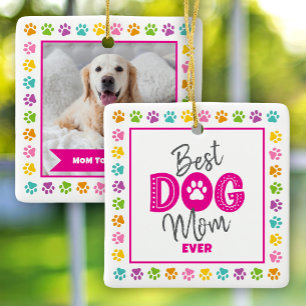 Ornement En Céramique Meilleure Maman de Chien Photo Rose sur Fond Blanc