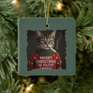 Ornement En Céramique Mème de Noël drôle de chat qui fume Sarcasm Fête