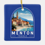 Ornement En Céramique Menton France Travel Art Vintage<br><div class="desc">Conception de déplacement vectoriel Menton rétro. Menton est une ville sur la Côte d'Azur dans le sud-est de la France. Elle est connue pour ses plages et ses jardins comme le jardin de la Serre de la Madone.</div>