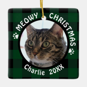 Ornement En Céramique MEOWY CHRISTMAS Chat à 2 faces, Plaid Vert