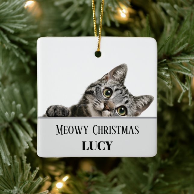 Ornement En Céramique Meowy Christmas Custom Cat Photo & Name Ornament (Arbre)