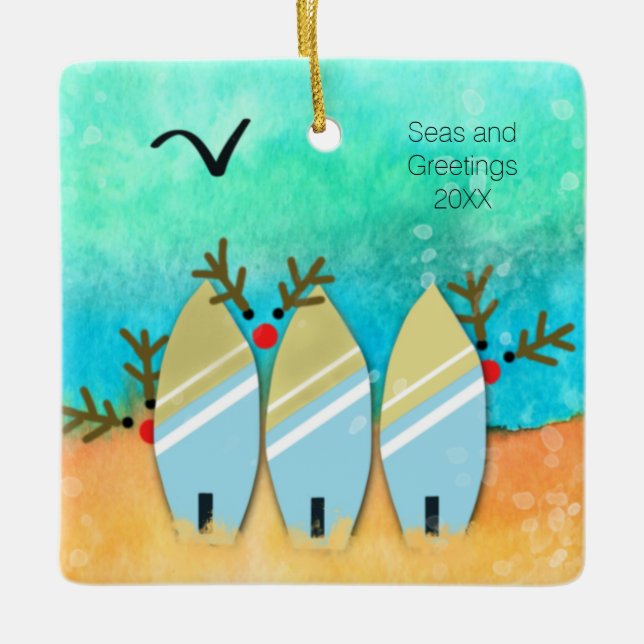 Ornement En Céramique Mer et salutations Plage Noël avec Rudolph (Devant)