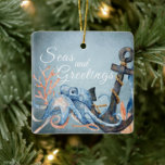 Ornement En Céramique Mer personnalisée et salutations Octopus Beach<br><div class="desc">Mer et salutations Aquarelle Octopus et Ancre Mer Vie Nautique Plage Arbre de Noël Ornement en céramique - Il peut être personnalisé avec un nom,  année ou tout texte que vous souhaitez ajouter. Merci de vous être arrêté !</div>