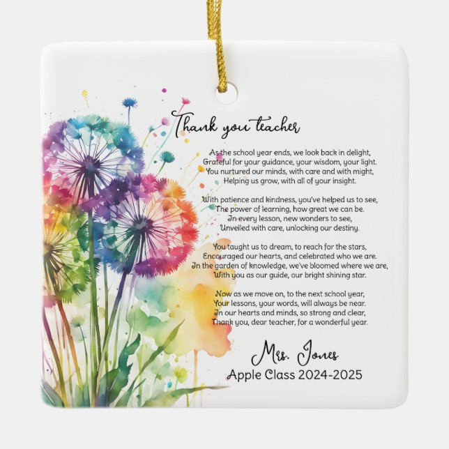 Ornement En Céramique merci professeur retraite poème de dandelion (Devant)
