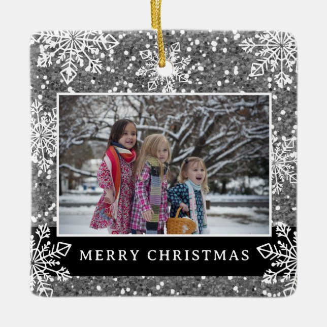 Ornement En Céramique Merry Christmas 2 Photo Silver Glitter Snowflakes (Devant)
