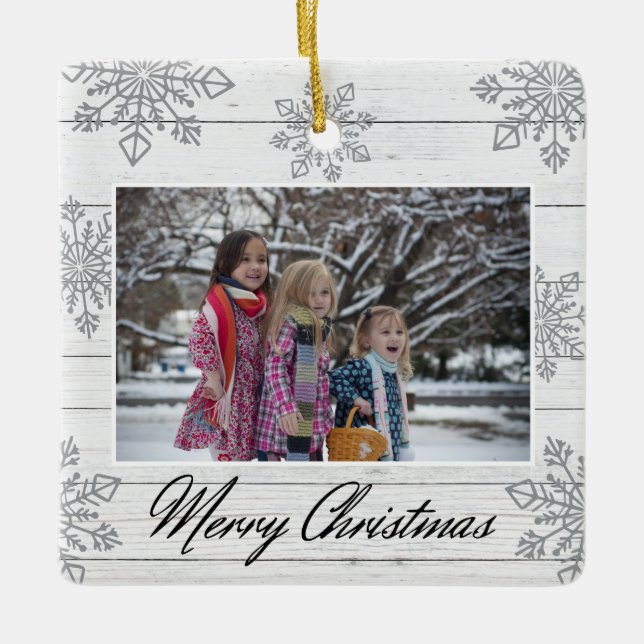 Ornement En Céramique Merry Christmas 2 Photo Wood Silver Snowflakes  (Devant)