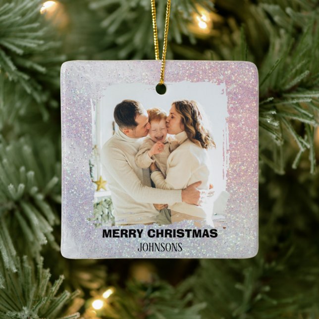 Ornement En Céramique Merry Christmas Family Photo Pink Glitter Ornament (Arbre)
